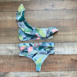 Shein Palm Leaf and Parrots Pattern One Shoulder Padded Ruffle Bikini Top- Size M (we have matching bikini bottoms)