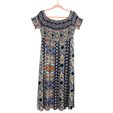 Magnolia Boutique Navy/Caramel/Light Blue Multi Print Off the Shoulder Smocked Midi Dress- Size L