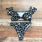 No Brand Black/Neon Yellow Leopard Print Off the Shoulder Padded Bikini Top- Size S (see notes, we have matching bottoms)