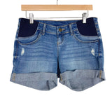 Indigo Blue Maternity Side Panel Roll Hem Distressed Jean Shorts- Size S (sold out online)