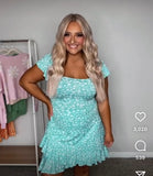 MS Basic Teal/White Floral Pattern with Faux Wrap Bottom Dress- Size L