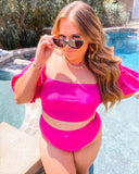 Eloquii Fuchsia Pink Puff Sleeve Off the Shoulder Padded Bikini Top- Size 14 (we have matching bottoms)