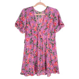 Show Me Your Mumu Pink Floral Print V-Neck Ruffle Dress- Size S