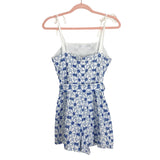 Miami White with Blue Embroidered Flowers and Tie Straps and Tie Belt Romper- Size S