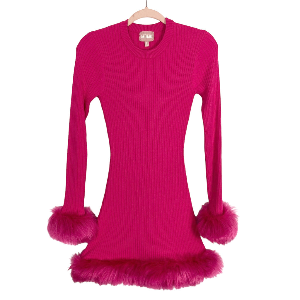 Show Me Your Mumu Bright Pink Ribbed Dress with Faux Fur Sleeves and H –  The Saved Collection