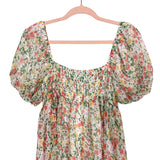 Storia Coral/Pink/Yellow Floral Square Neck Puff Sleeve with Smocked Back Dress- Size S
