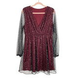 No Brand Wine with Metallic Dots on Black Mesh Overlay Dress- Size ~L (see notes)