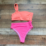 Pink Lily Coral/Pink Textured One Shoulder with Wooden Ring Detail Cut Out Padded One Piece- Size XL