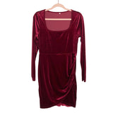 No Brand Berry Velvet Square Neckline with Faux Wrap Bottom Dress- Size L