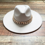 No Brand Beige Gold Chain Belted Wide Brim Fedora Hat (see notes)