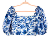 Abercrombie & Fitch Blue/White Floral Pattern Cinched Puff Sleeve Crop Top- Size L