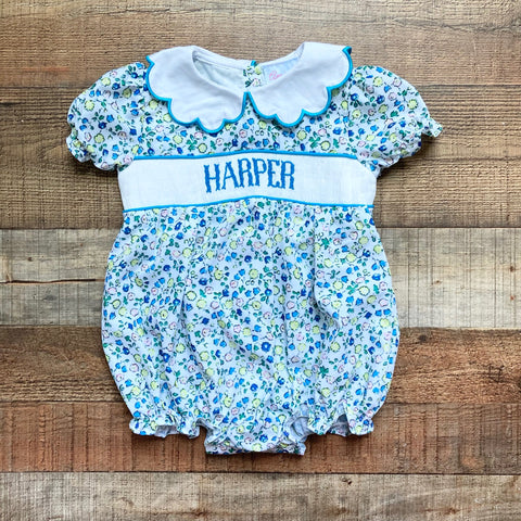 Ann + Reeves Blue/Yellow/Pink Flowers Harper Smocked Collared Bubble- Size 24M