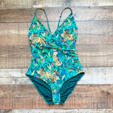 Palms Away Green Island Oasis with Surplice Top and Back Tie and Cut Out Padded One Piece NWT- Size L
