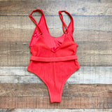 No Brand (Amazon) Red Textured Belted Cheeky One Piece- Size S