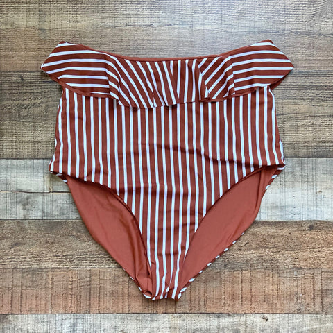 Coral Reef Brown/White Stripe and Solid Brick Reversible Ruffle High Waist Bikini Bottoms- Size XL (we have matching top)