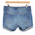 Indigo Blue Maternity Side Panel Roll Hem Distressed Jean Shorts- Size S (sold out online)