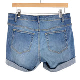 Indigo Blue Maternity Side Panel Roll Hem Distressed Jean Shorts- Size S (sold out online)