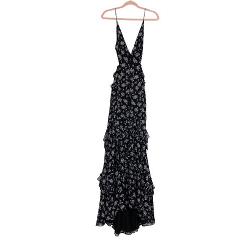 Fame & Partners Black Floral Deep V Strappy Back High Slit Dress- Size 4