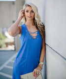 Luna Blue Shift Dress with Pockets and Lace Up Detail NWT- Size S