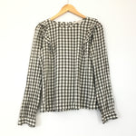 LOFT Tan and Black Plaid Long Sleeve Top With Shoulder Ruffles- Size XS