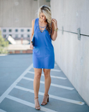 Luna Blue Shift Dress with Pockets and Lace Up Detail NWT- Size S