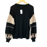 Lord and Taylor Black Sweater with Tan Fringe Sleeve NWT- Size XS