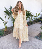 Aakaa Mustard Paisley Print V-Neck Button Front Maxi Dress- Size S