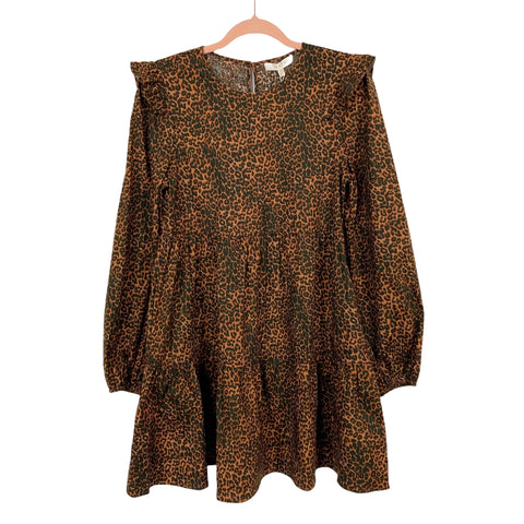 WAYF Brown Leopard Long Sleeve Babydoll Dress NWT- Size XS