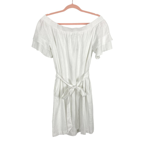 New York & Company White Linen Off the Shoulder with Tie Belt Dress- Size S