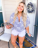 Buddy Love White Blue Printed Boxy Top- Size M
