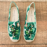 Chinese Laundry White And Palm Print With Gem Design And Pearl Lady Bug Espadrille- Size 7 Like New