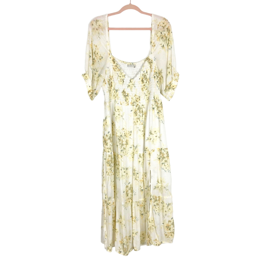 Abercrombie & Fitch White Yellow Floral Smocked Bodice Front Slit Dres The Saved Collection Abercrombie & Fitch White Yellow Floral Smocked Bodice Front Slit Dres The Saved Collection