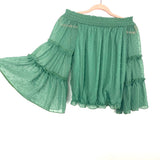 No Brand Green Off The Shoulder Ruffle Bell Sleeve Sheer Back Top- Size S