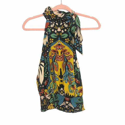 Free People Dark Combo Print Tie Halter Smocked Hem Blouse NWT- Size XS