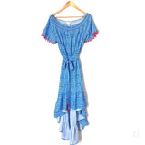 Flying Tomato Blue Print Off the Shoulder High/Low Hot Pink Pom Pom Detail Dress- Size S