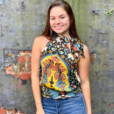 Free People Dark Combo Print Tie Halter Smocked Hem Blouse NWT- Size XS