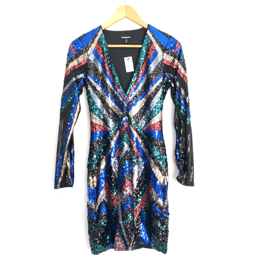Express Long Sleeve Deep V Full Sequin Dress NWT- Size S The Saved Collection Express Long Sleeve Deep V Full Sequin Dress NWT- Size S The Saved Collection