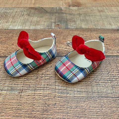 Baby Gap Plaid Red Velvet Bow Shoes- Size 0-3M