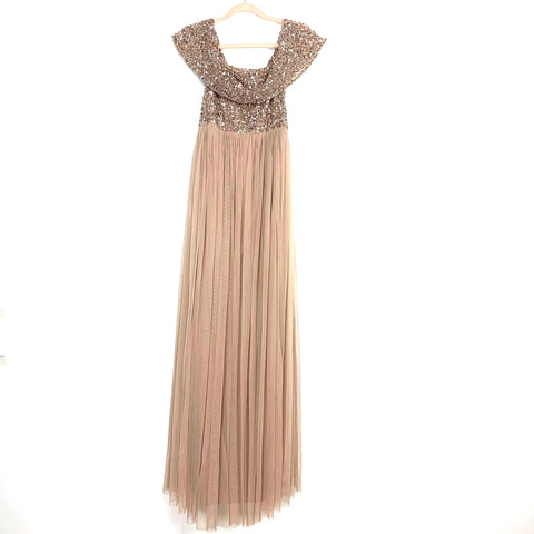 Maya Deluxe Taupe Blush Bridesmaid Maternity Off the Shoulder Sequin Bodice Tulle Dress NWT- Size 8 (sold out online)