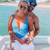 Becca Blue Crochet Halter Plunge Neck with Tie Back One Piece- Size M (sold out online)