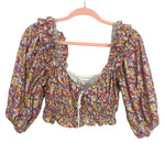 For Love & Lemon Floral Front Tie Elastic Hem Cropped Top- Size M