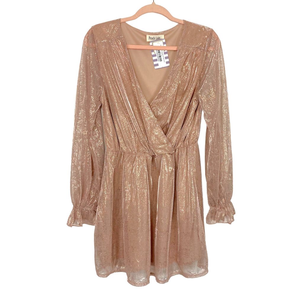 Peach Love Rose Gold Sheer Metallic Knit Mini Dress NWT- Size M The Saved Collection Peach Love Rose Gold Sheer Metallic Knit Mini Dress NWT- Size M The Saved Collection