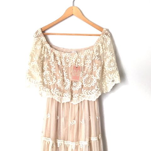 Champagne & Strawberry Off The Shoulder Lace Dress NWT- Size S