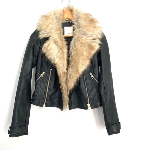 River Island Detachable Faux Fur Collar Faux Leather Jacket in Black- Size 8