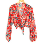 Show Me Your Mumu Red Floral Sheer Button Up Front Tie Crop Top- Size S