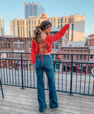 Lovers + Friends Red Polka Dot Long Sleeve Crop Top with Lace Up Back- Size S