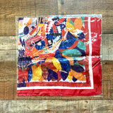 No Brand Red/Indigo/Yellow/Orange Floral/Leaf Pattern with Red/Purple Trim Faux Silk Scarf (New in Bag)