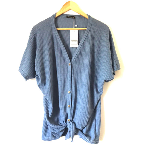 Miholl Blue Waffle Knit Tie Front Short Sleeve Top NWT- Size S