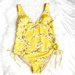 Kingdoms & State Yellow Floral Removable Pad Cinched Side One Piece- Size XL