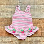 Florence Eiseman Pink and White Striped Strawberry Print Swimsuit- Size 9M